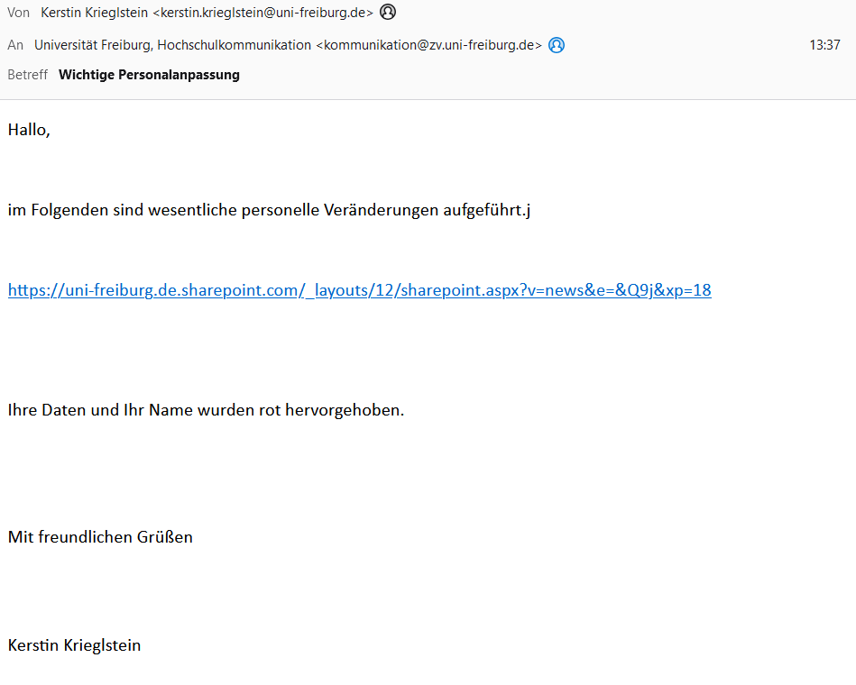 2024-11-27 15:43: Warnung vor Phishing-Mail im Namen der Rektorin